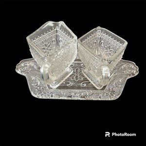 Indiana Glass Creamer & Sugar Set with Tray Sandwich Pattern Vintage